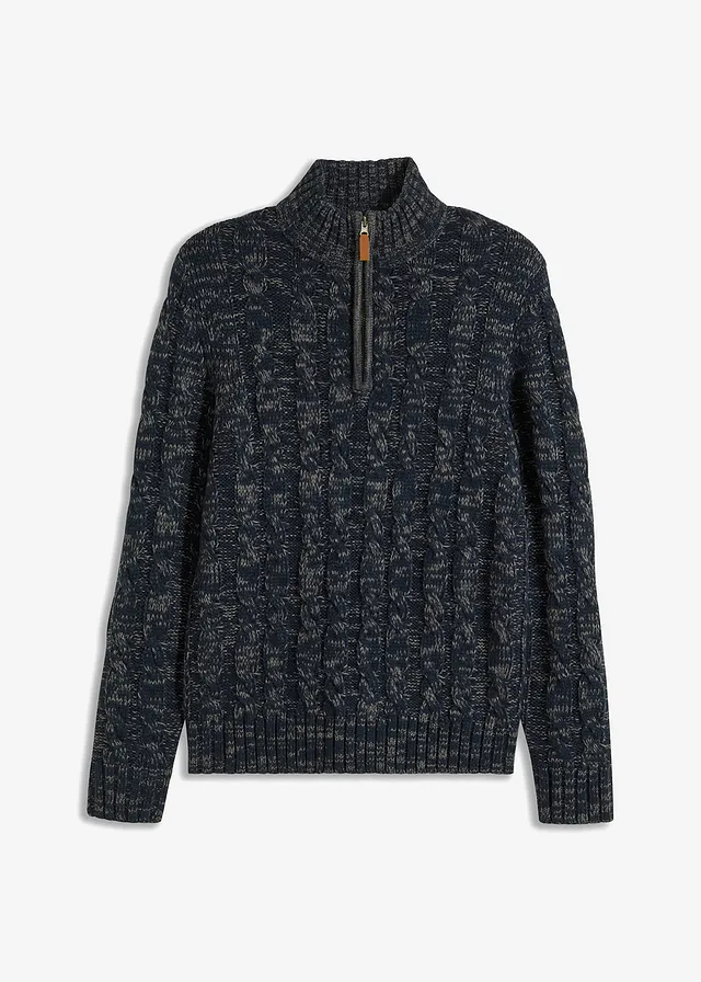 Pull camionneur chiné à torsades, Couleur: bleu foncé chiné