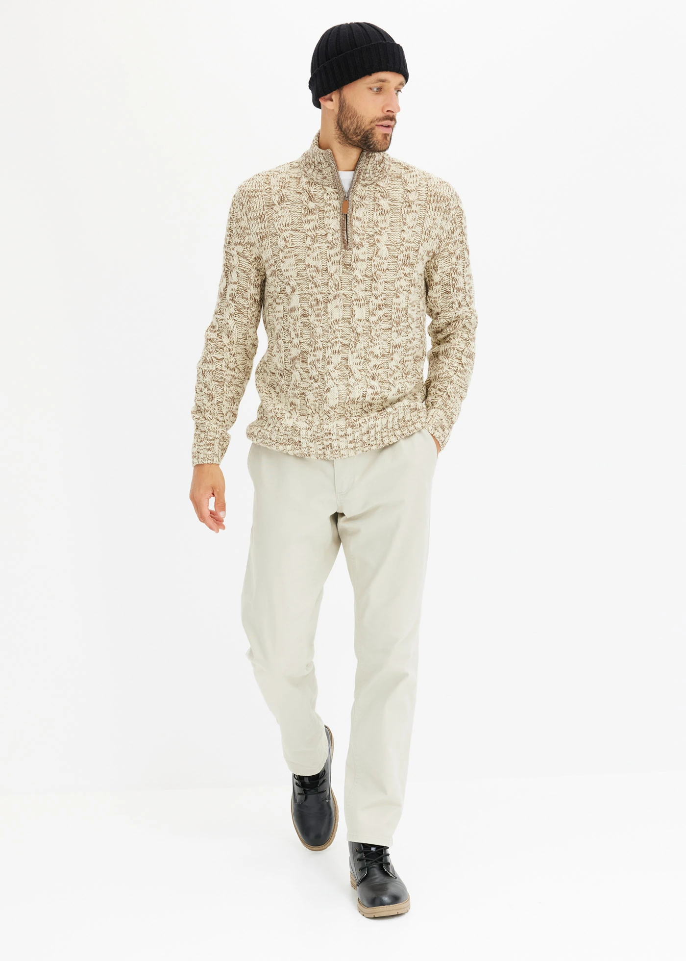 Pull camionneur chiné à torsades • beige / marron chiné • Boutique bonprix