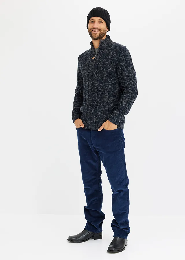 Pull camionneur chiné à torsades, Couleur: bleu foncé chiné