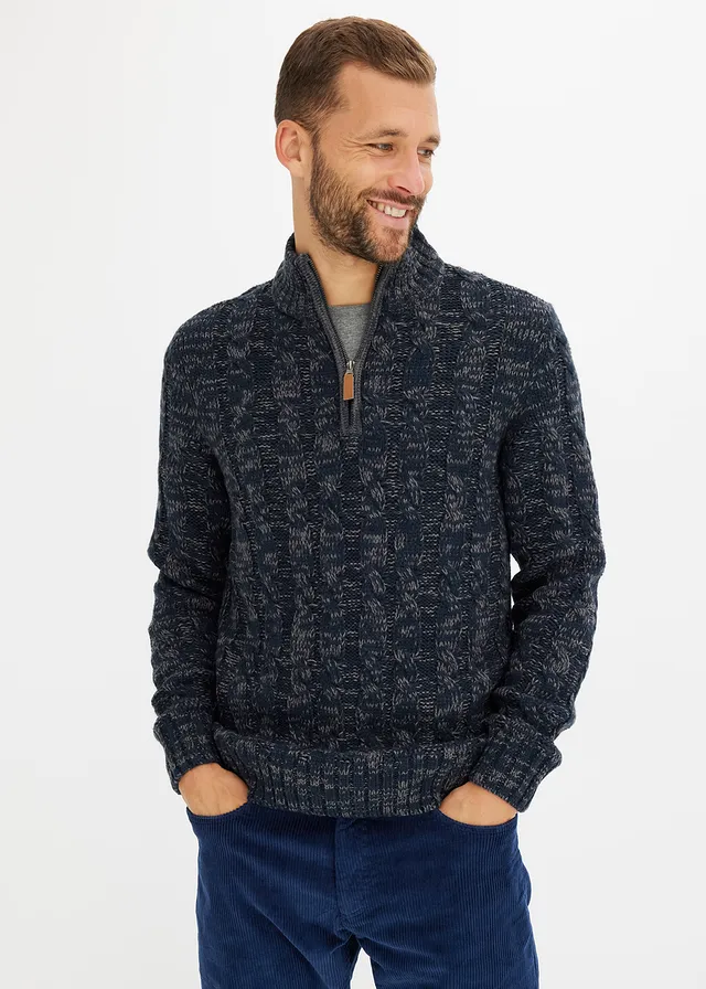 Pull camionneur chiné à torsades, Couleur: bleu foncé chiné