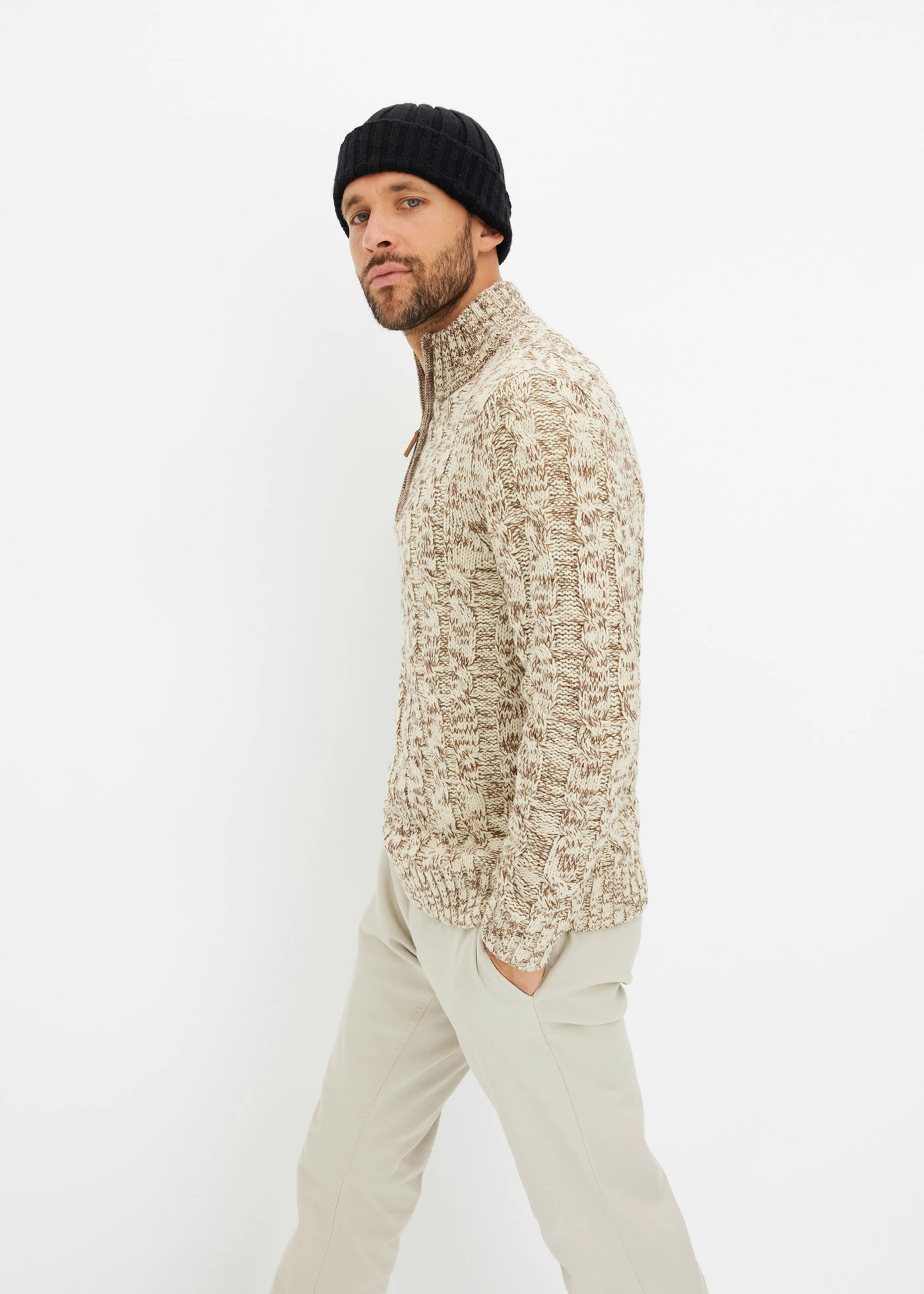 Pull camionneur chiné à torsades • beige / marron chiné • Boutique bonprix