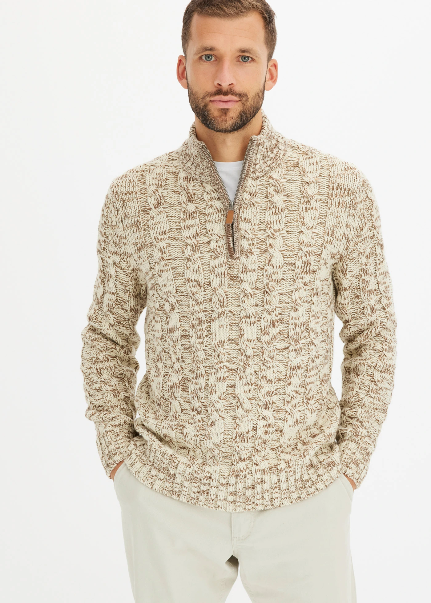 Gemêleerde schipperstrui met kabelpatroon • beige gemêleerd • bonprix online shop