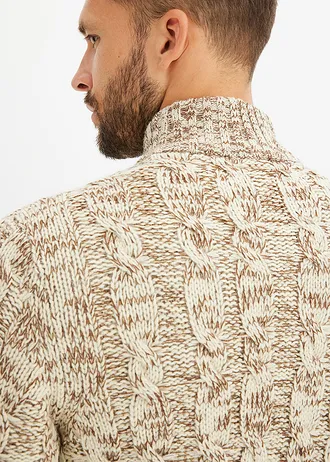 Sweter ze stójką z melanżowanej dzianiny w warkoczowy wzór • beżowy melanż • sklep bonprix