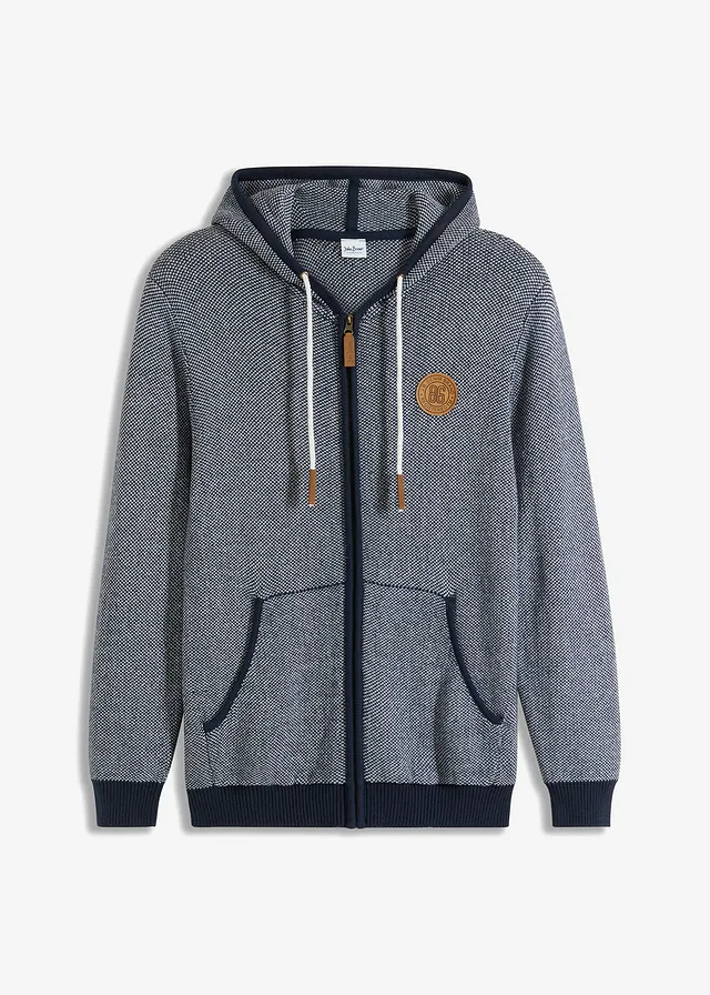 Gilet en maille à capuche 100% coton • bleu foncé chiné • Boutique bonprix