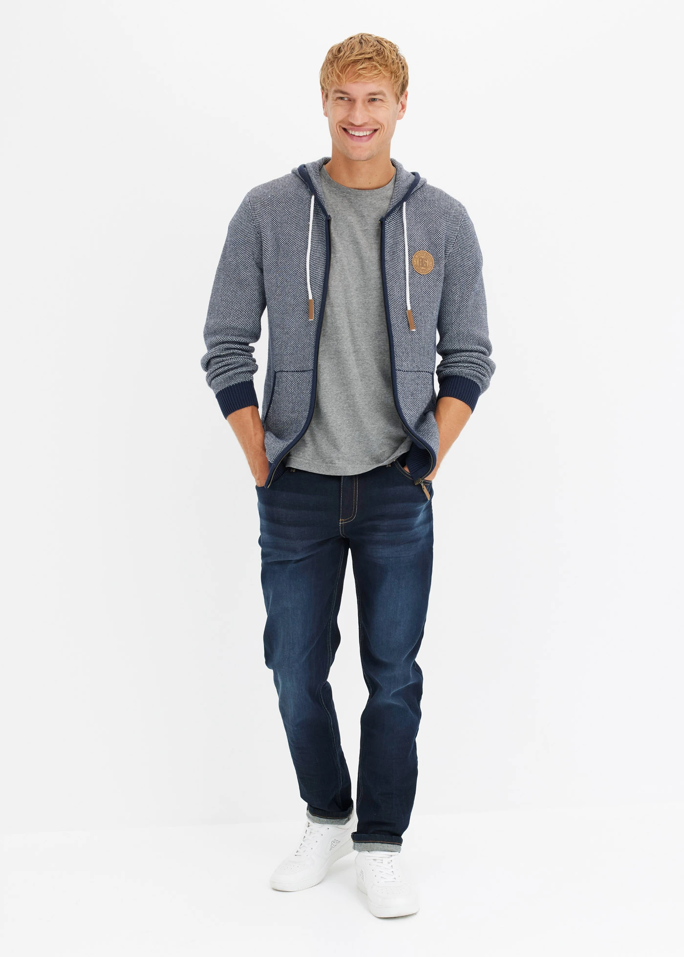 Gilet en maille à capuche 100% coton • bleu foncé chiné • Boutique bonprix