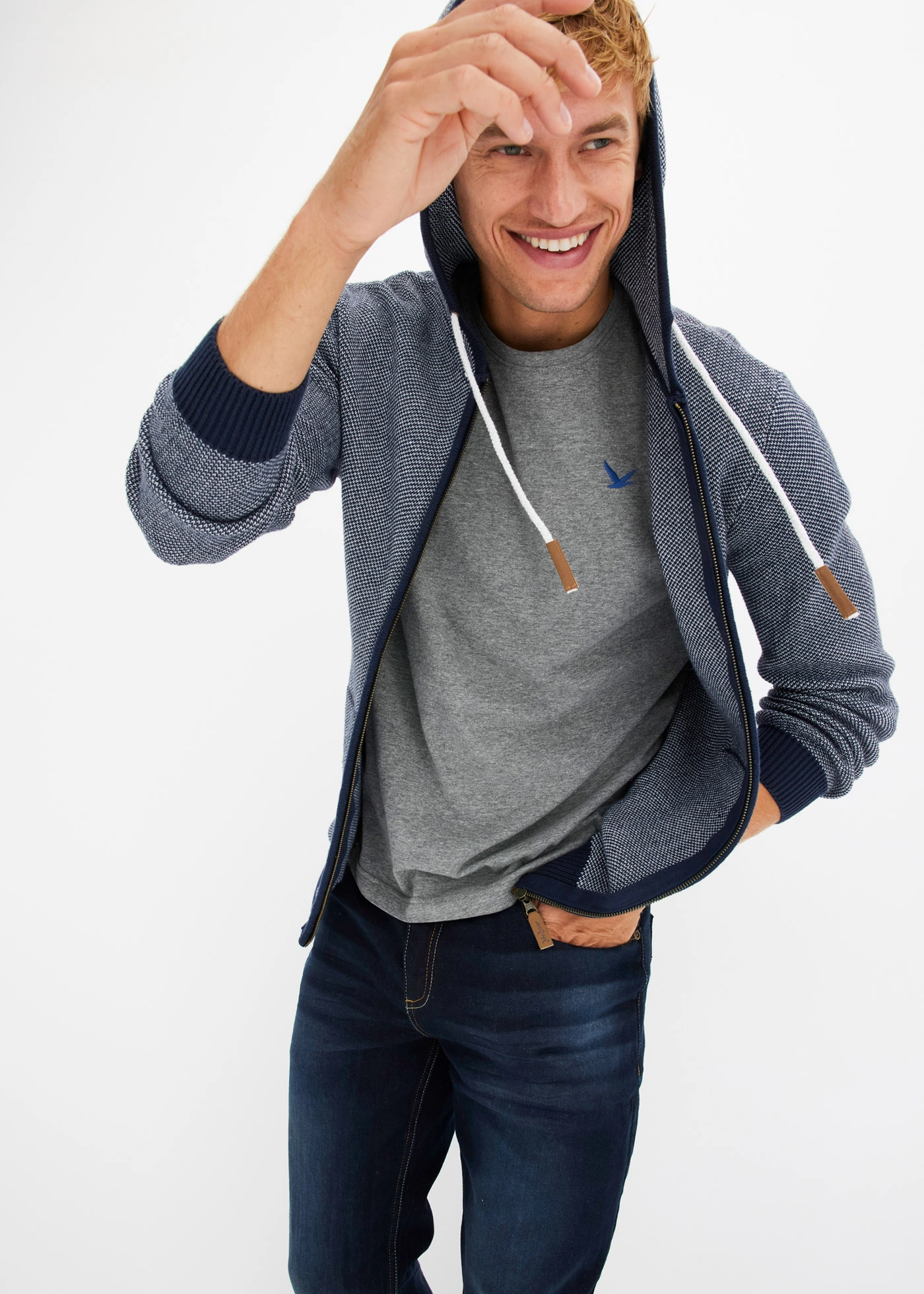 Gilet en maille à capuche 100% coton • bleu foncé chiné • Boutique bonprix