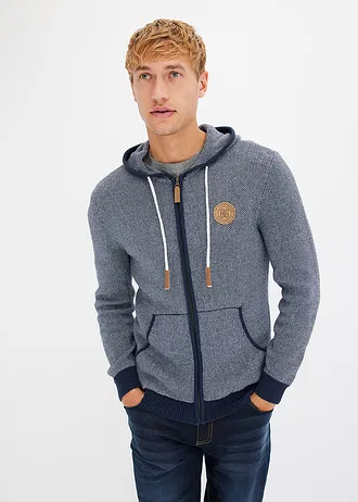 Gilet en maille à capuche 100% coton • bleu foncé chiné • Boutique bonprix