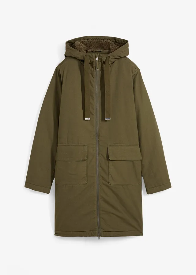 Parka d’hiver rembourrée à capuche doublée sherpa • olive foncé • Boutique bonprix