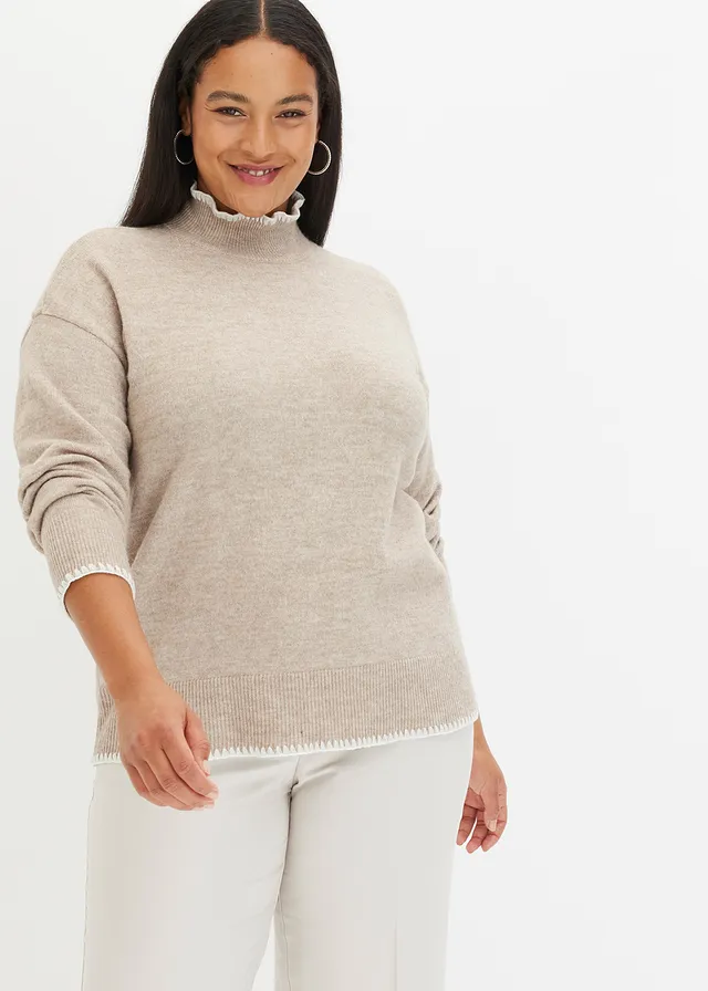Pull à col montant, Couleur: sable-blanc