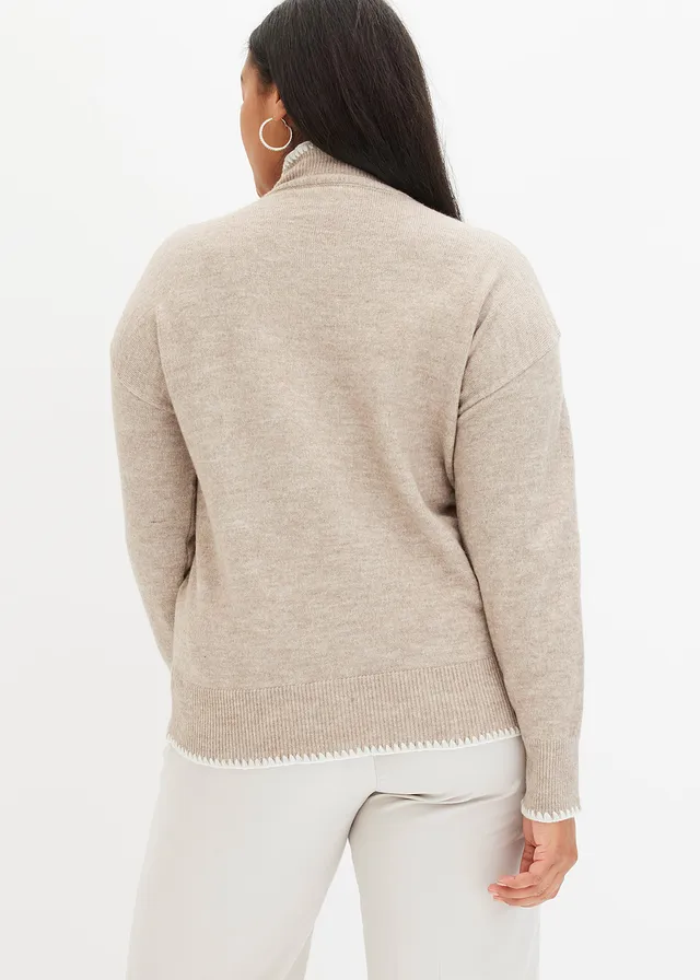 Pull à col montant, Couleur: sable-blanc