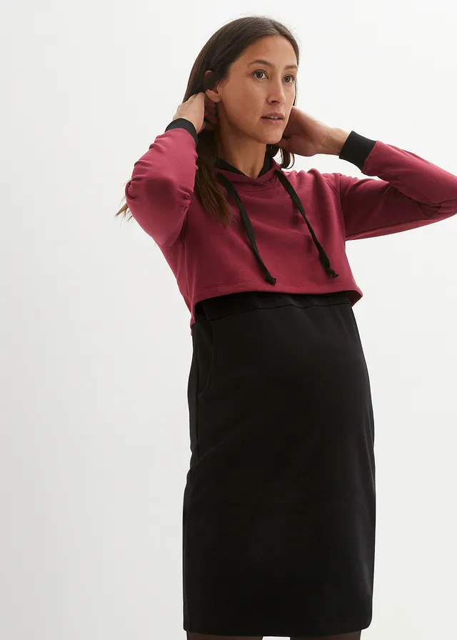 Sweat zwangerschapsjurk / voedingsjurk • zwart-rododendronrood • bonprix online shop