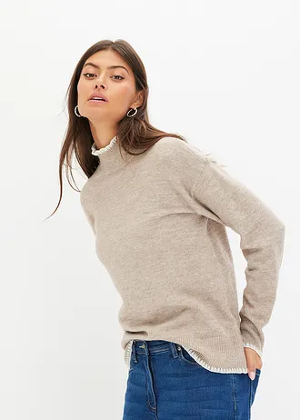 Trui met opstaande kraag • sand/wit • bonprix online shop