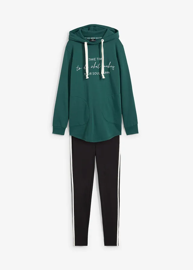 Joggingpak met lange sweater en legging (2-dlg.), Kleur: zwart/mat groen met print