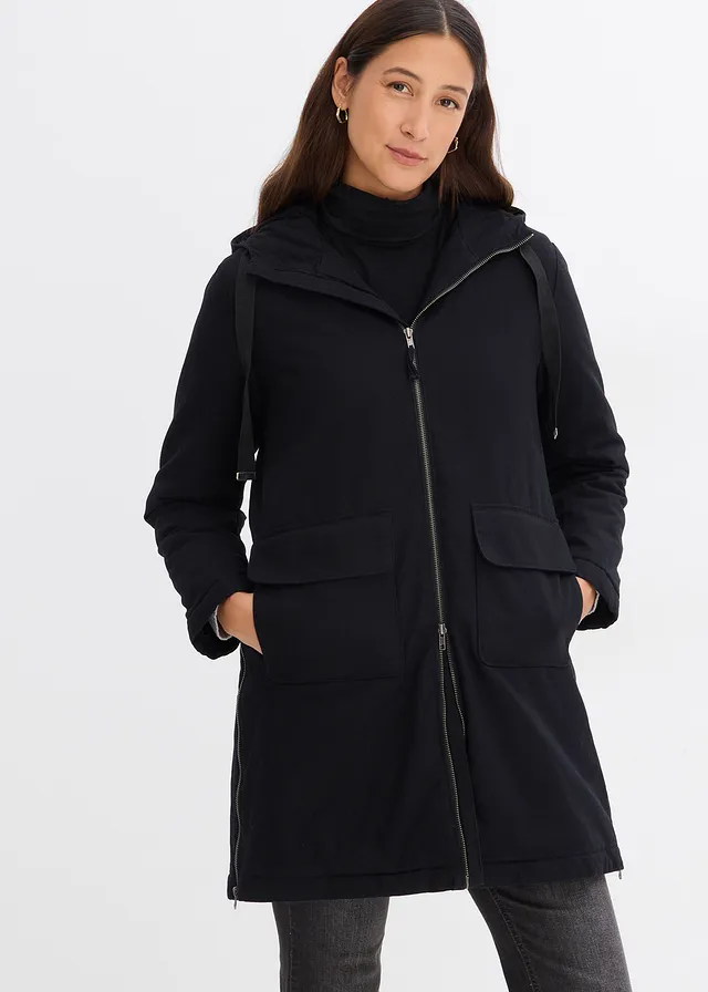 Parka d’hiver rembourrée à capuche doublée sherpa, Couleur: noir