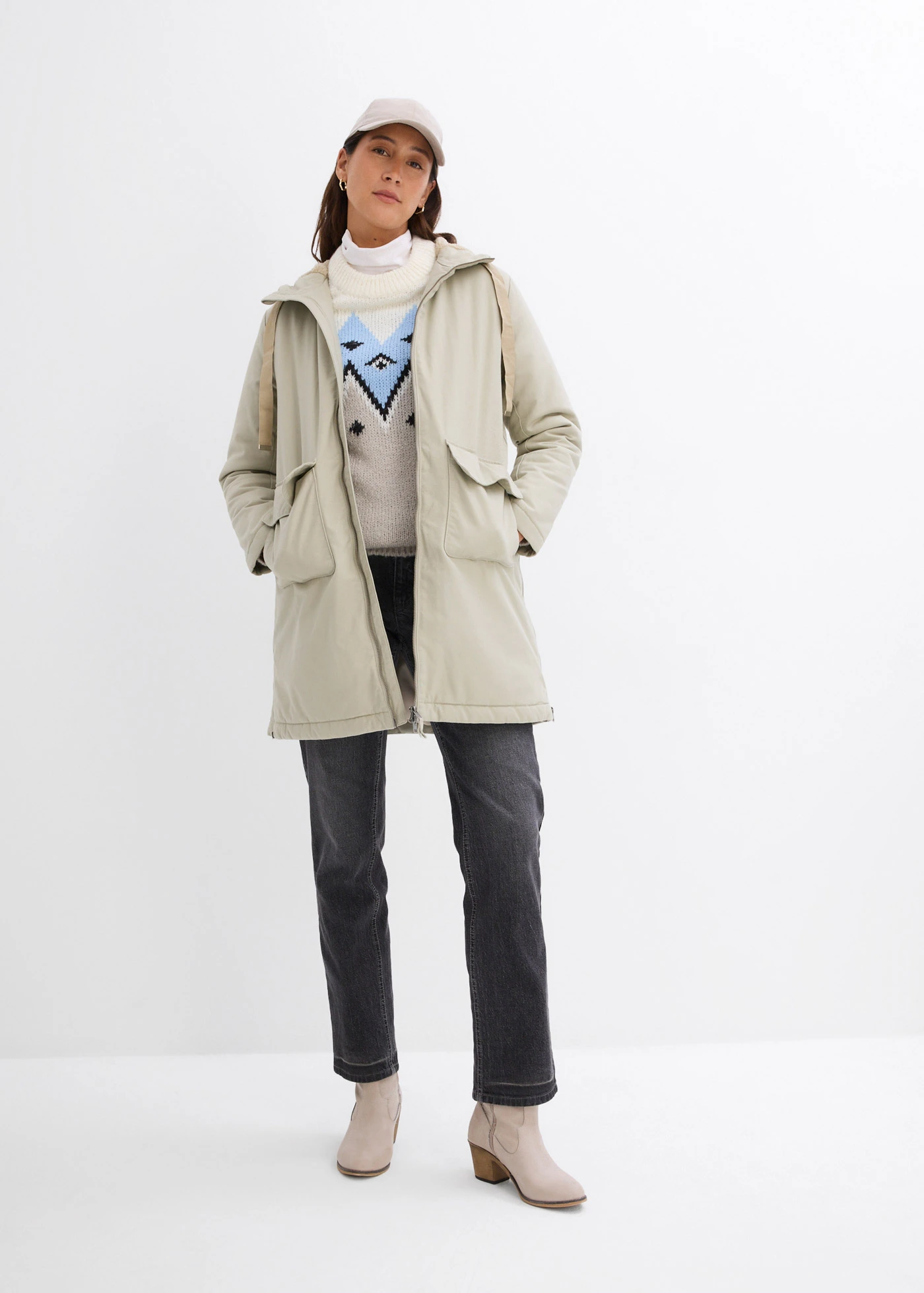 Parka d’hiver rembourrée à capuche doublée sherpa • roseau mat • Boutique bonprix