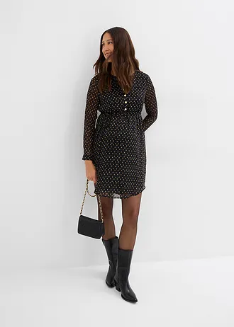 Robe de grossesse et d’allaitement en voile imprimé, Couleur: noir pois doré