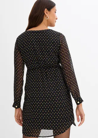 Robe de grossesse et d’allaitement en voile imprimé, Couleur: noir pois doré