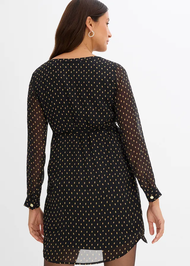 2-in-1 zwangerschapsjurk/voedingsjurk van chiffon, Kleur: zwart-goud gestippeld