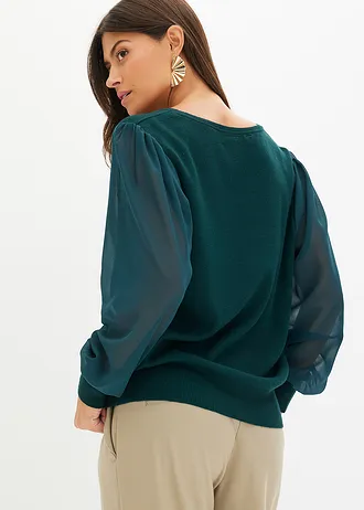 Pull doux en fine maille de viscose majoritaire, Couleur: vert profond