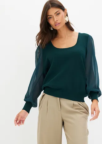 Pull doux en fine maille de viscose majoritaire, Couleur: vert profond