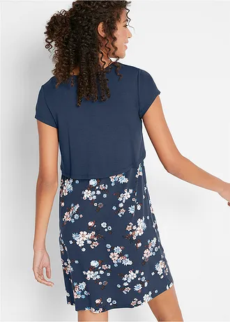 Gebloemde zwangerschapsjurk / voedingsjurk van jersey, Kleur: donkerblauw gebloemd