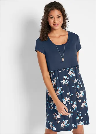 Gebloemde zwangerschapsjurk / voedingsjurk van jersey, Kleur: donkerblauw gebloemd