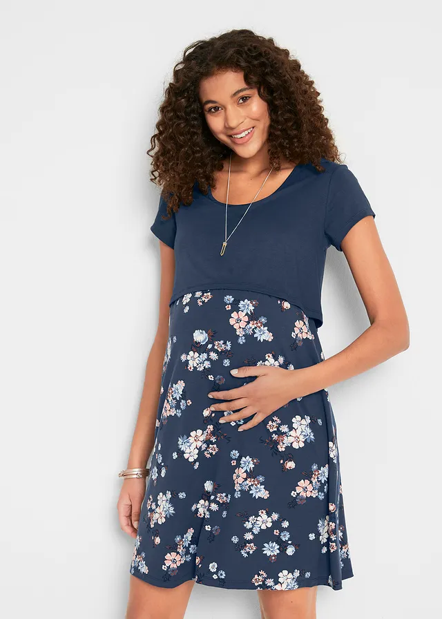 Gebloemde zwangerschapsjurk / voedingsjurk van jersey, Kleur: donkerblauw gebloemd