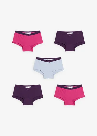 Lot de 5 shorties en coton extensible • violet foncé-fuchsia moyen-bleu tendre • Boutique bonprix