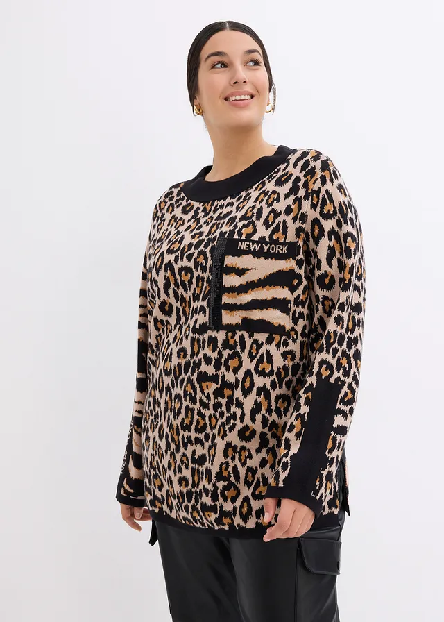 Trui met luipaardprint, Kleur: amandelbeige-bruin-zwart