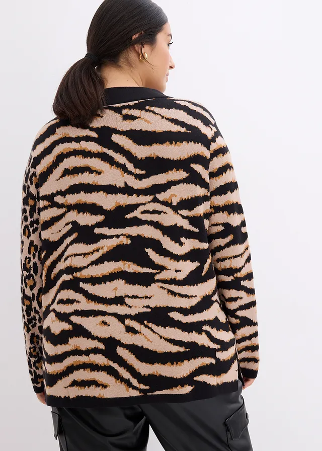 Pull en fine maille à motif léopard, Couleur: beige amande/marron/noir