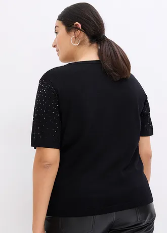 Pull manches coudes en fine maille avec strass, Couleur: noir