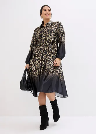 Satijnen overhemdjurk, Kleur: zwart-sand luipaardprint