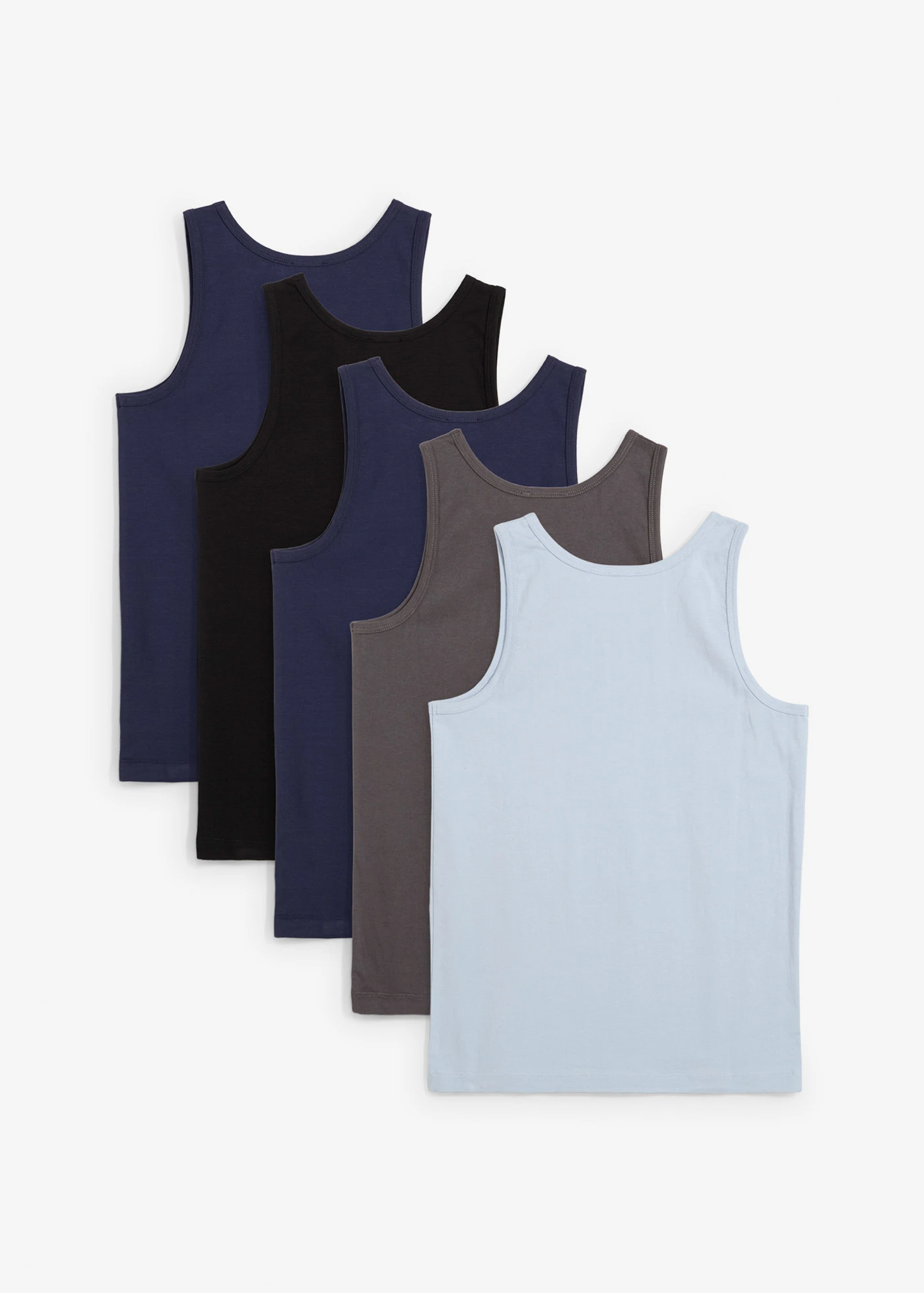 Lot de 5 débardeurs en coton extensible • noir-bleu tendre-bleu foncé-gris ardoise • Boutique bonprix