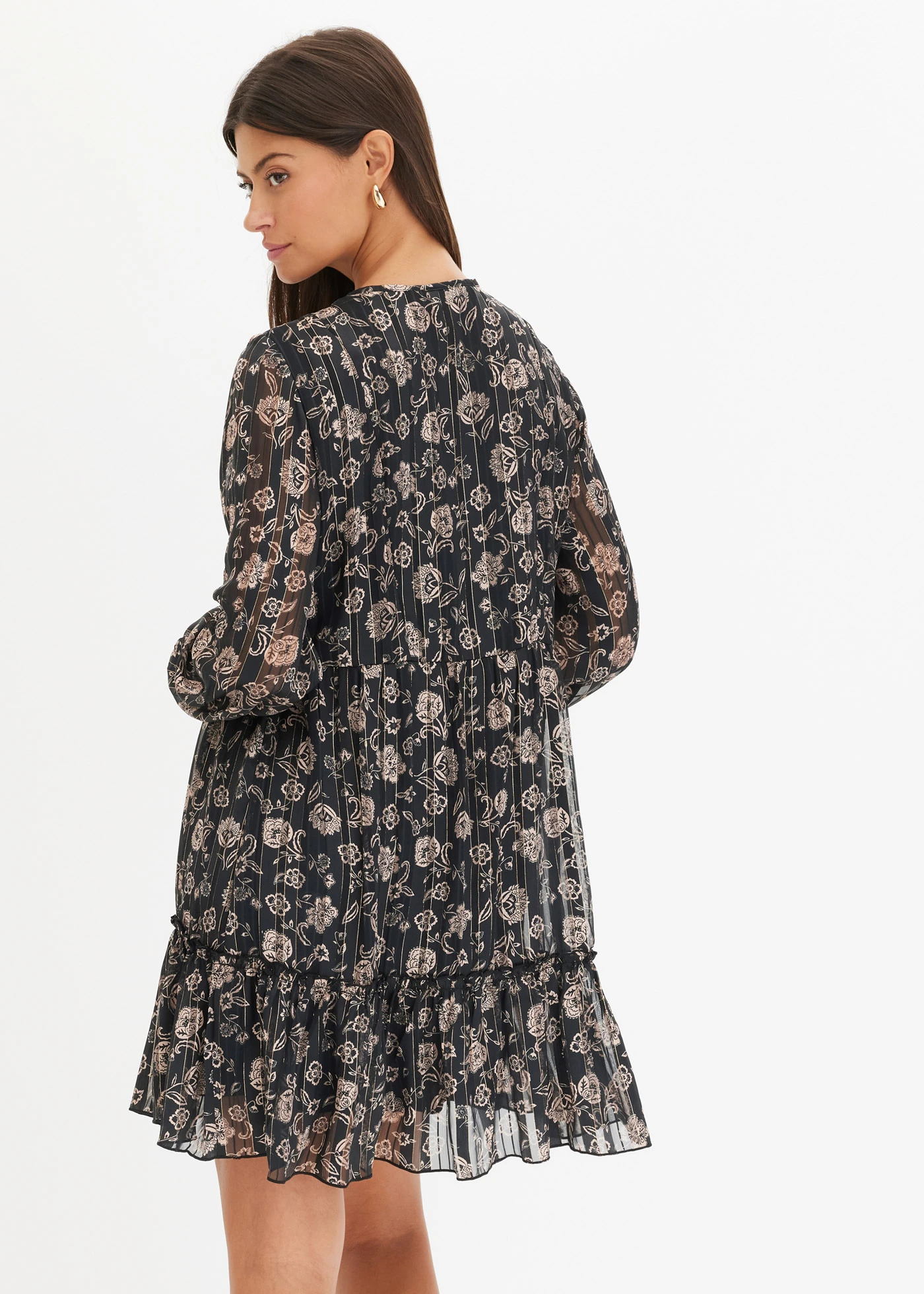 Sukienka szyfonowa • czarno-matowy beżowy w roślinny wzór • bonprix obchod