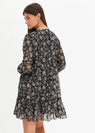 Sukienka szyfonowa • czarno-matowy beżowy w roślinny wzór • bonprix obchod