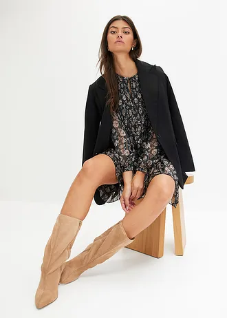 Sukienka szyfonowa • czarno-matowy beżowy w roślinny wzór • bonprix obchod