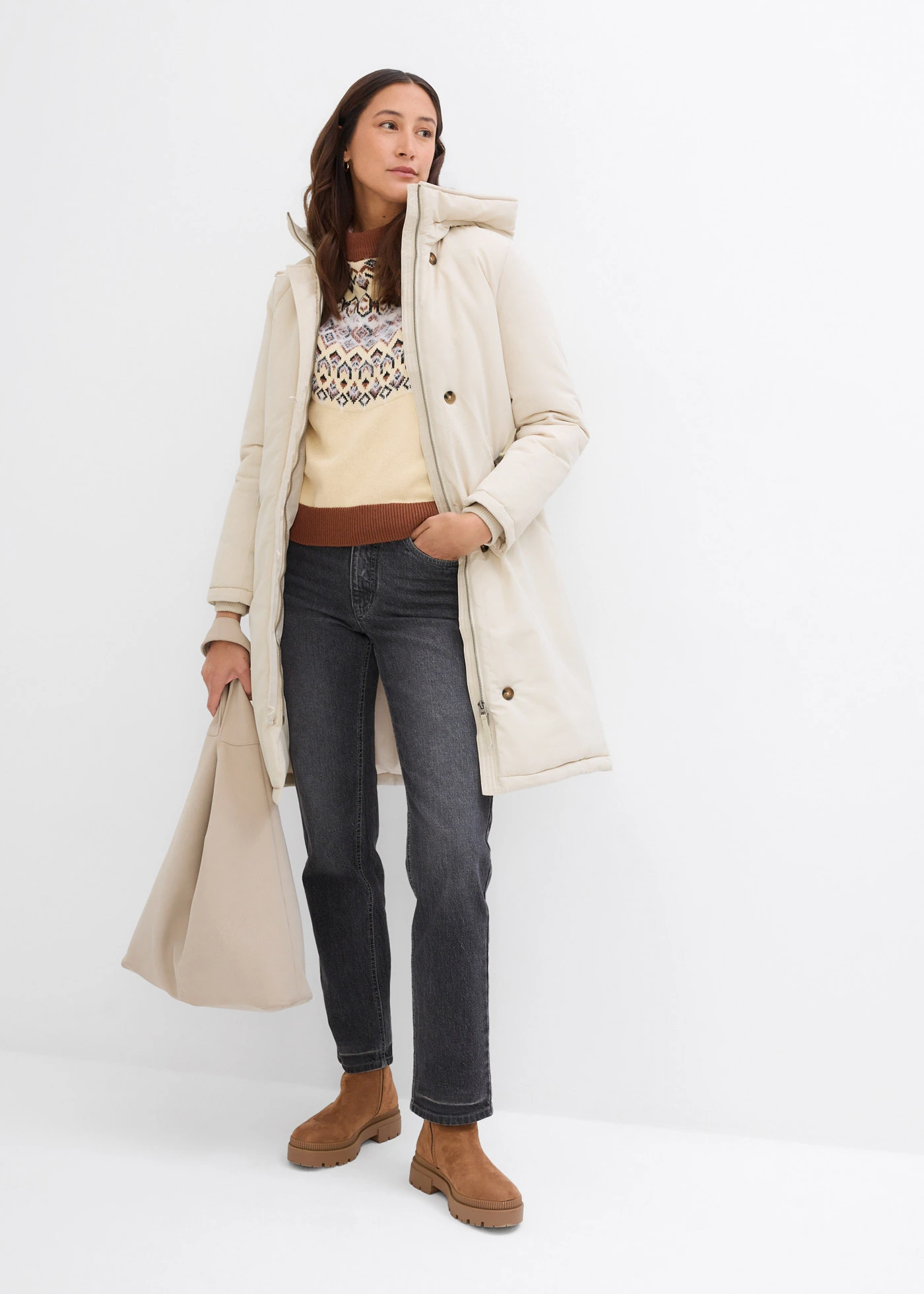 Lange winterjas met teddy • kiezelgrijs • bonprix online shop