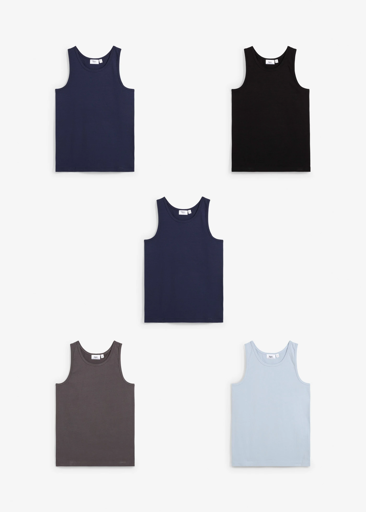 Lot de 5 débardeurs en coton extensible • noir-bleu tendre-bleu foncé-gris ardoise • Boutique bonprix