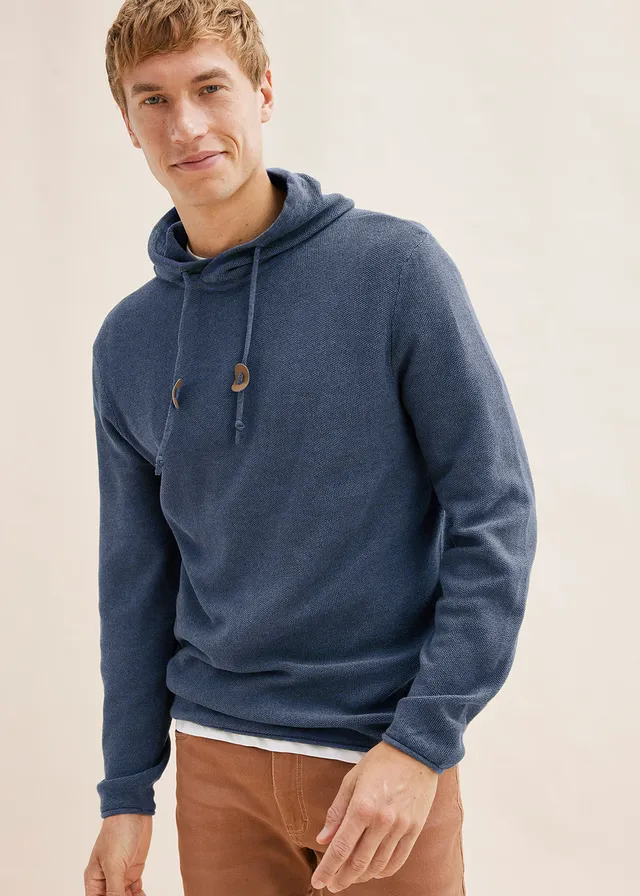 Pull à capuche en fine maille, Couleur: bleu chiné