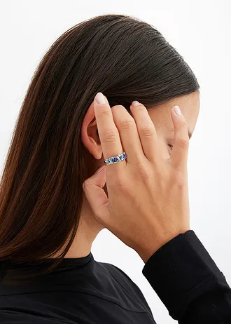 Prsten s rafinovanými křišťálovými kameny ze skla, barva: stříbrné tóny, rhodinované/modrá