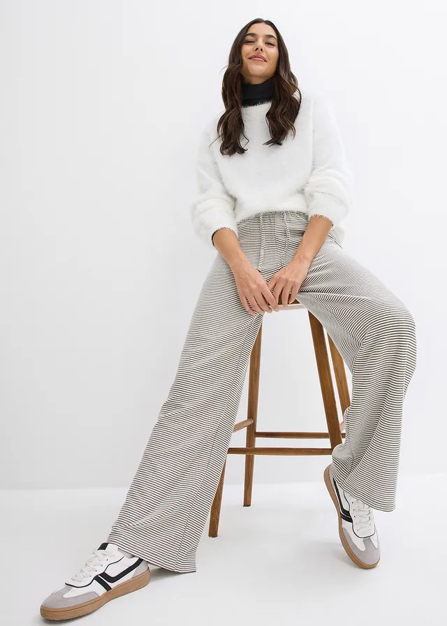 Pantalon en jersey rayé avec cordon de serrage, coton majoritaire, Couleur: noir-écru rayé