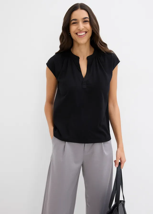 Henley shirt in een viscosemix met korte mouwen • zwart • product-page.page-title-suffix