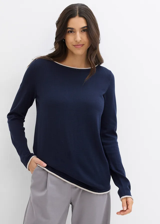 Pull en fine maille de coton mélangé • bleu foncé/gris pierre • product-page.page-title-suffix