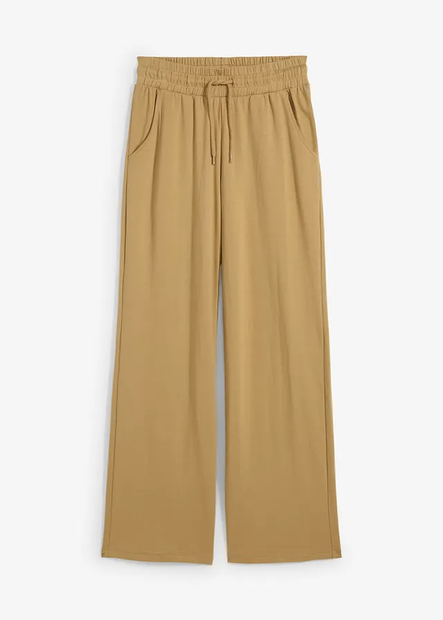 Wijde jersey broek van interlock, Kleur: kakibruin