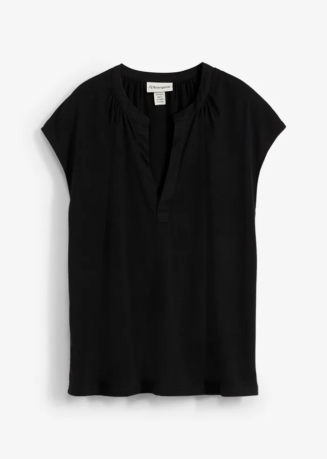 Henley shirt in een viscosemix met korte mouwen, Kleur: zwart