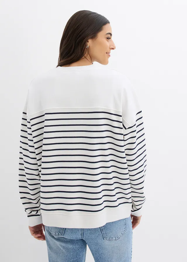Sweat oversize en coton mélangé, Couleur: écru/bleu foncé rayé