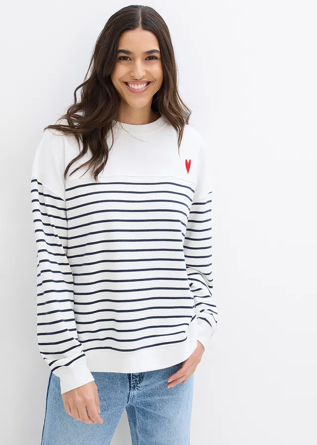 Oversized sweater in een katoenmix, Kleur: wolwit-donkerblauw gestreept