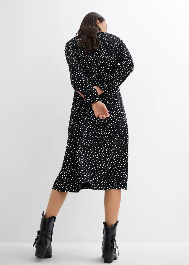 Robe midi en jersey coton, Couleur: noir pois écru