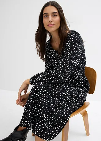 Bavlněné šaty ze žerzeje, midi délka • černo-přírodní bílá s puntíky • bonprix obchod