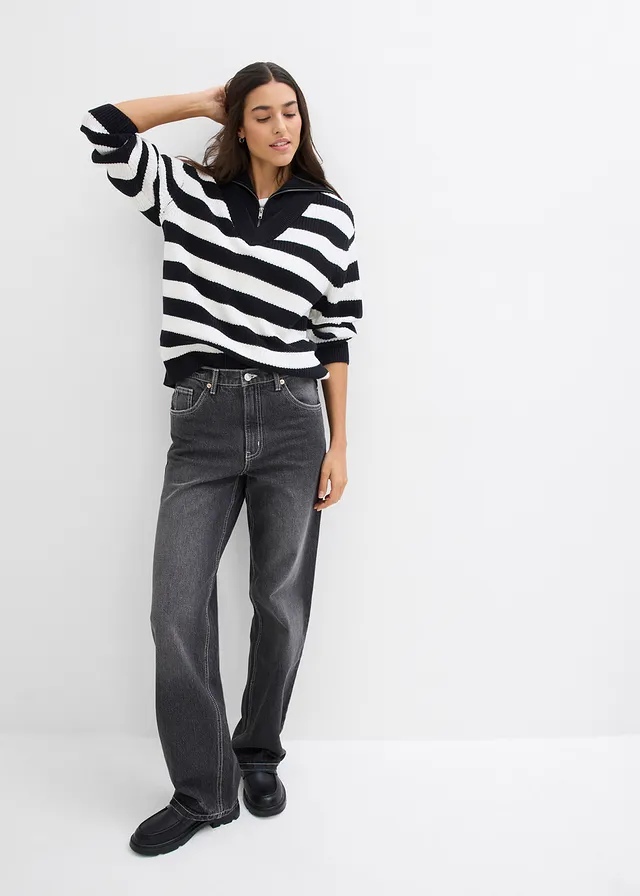 Schipperstrui met strepen zwart-wolwit gestreept